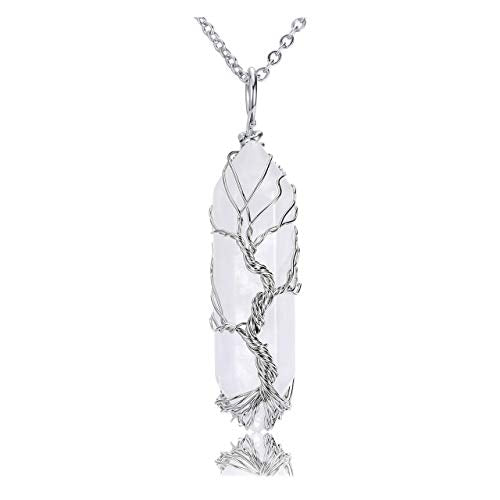 PESOENTH Tree Of Life Clear Quartz Crystal Healing Pendant Necklace Silver Wire Wrapped Raw Gemstone Hexagonal Reiki Energy Stone Pointed Pendant Jewelry for Women Men